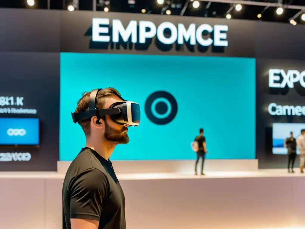 Un salón de exposiciones de ecommerce bullicioso con secciones de realidad virtual y aumentada, fusionando lo virtual y lo físico