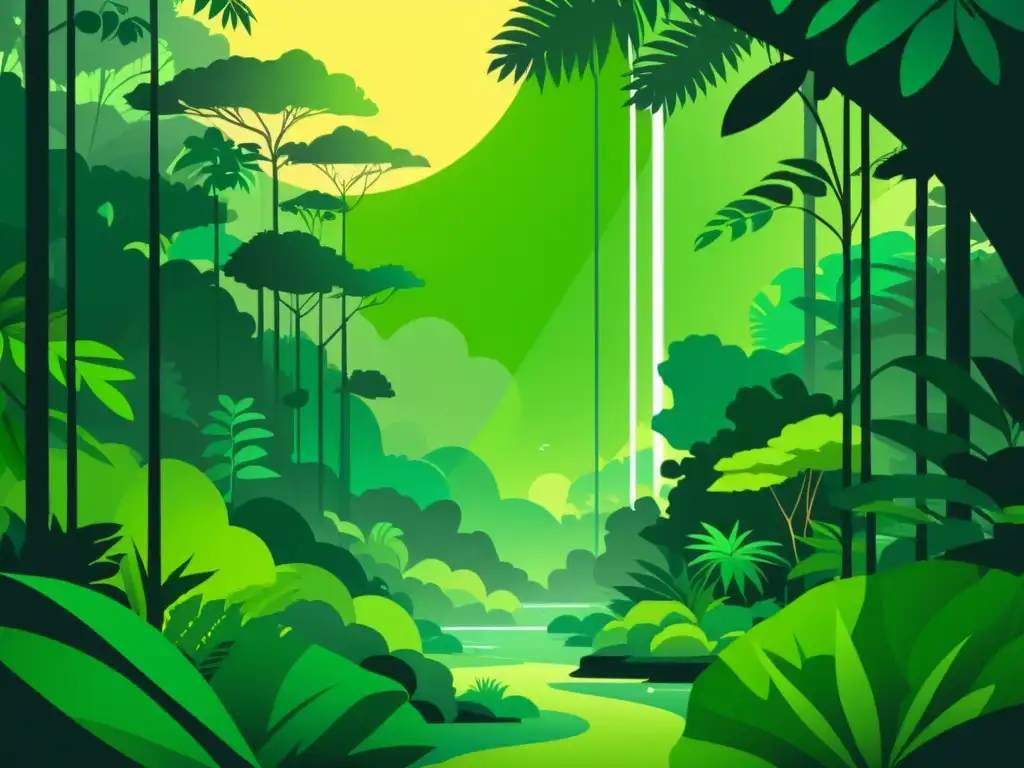 Ilustración serena y vibrante de un exuberante ecosistema de selva tropical, resaltando la conservación de la biodiversidad en un estilo minimalista