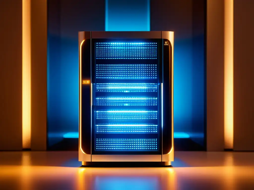 Un servidor de datos moderno y elegante, iluminado por una suave luz ambiental