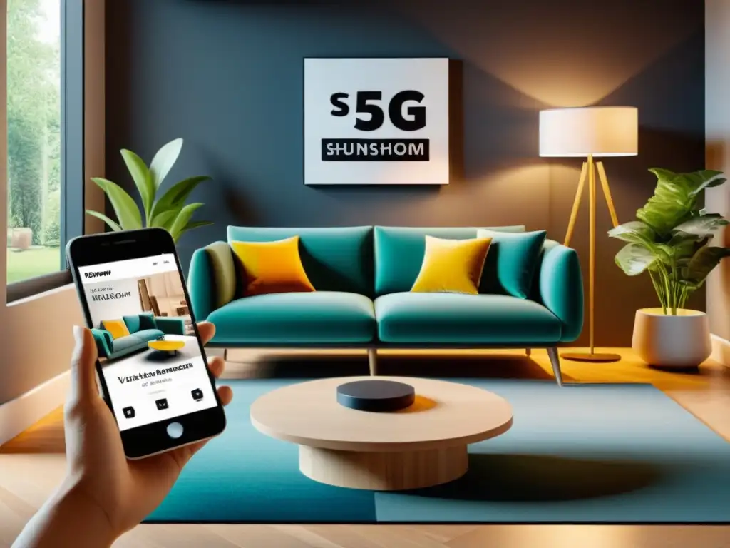 Un showroom virtual de muebles en un smartphone, demostrando el impacto 5G y realidad aumentada en comercio electrónico