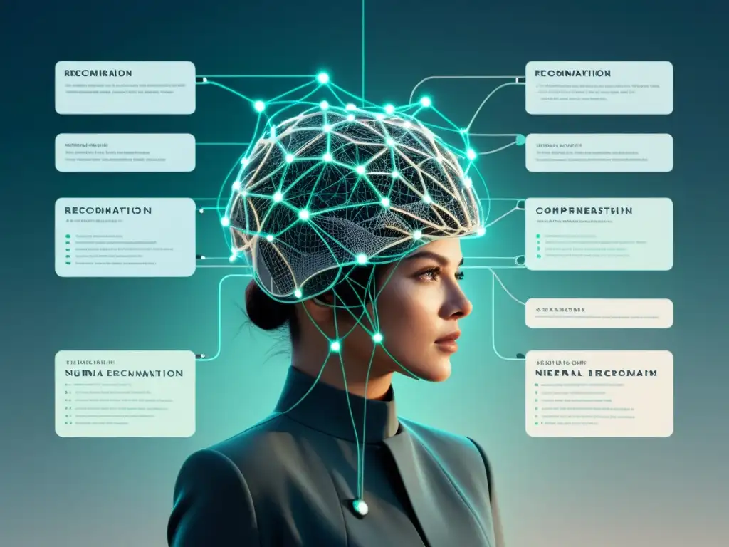 Sistema de recomendación avanzado de IA: diagrama minimalista de red neuronal en tonos fríos, que refleja tecnología sofisticada y vanguardista