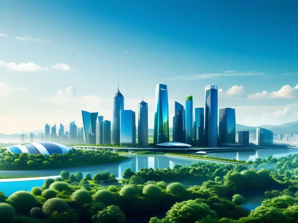 Skyline de ciudad sostenible futurista equilibrando globalización con responsabilidad ecológica