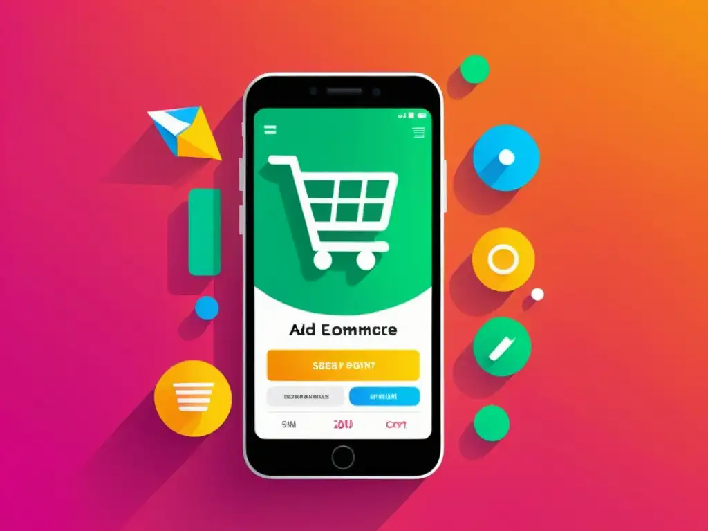 Smartphone muestra anuncio para eCommerce en fondo vibrante