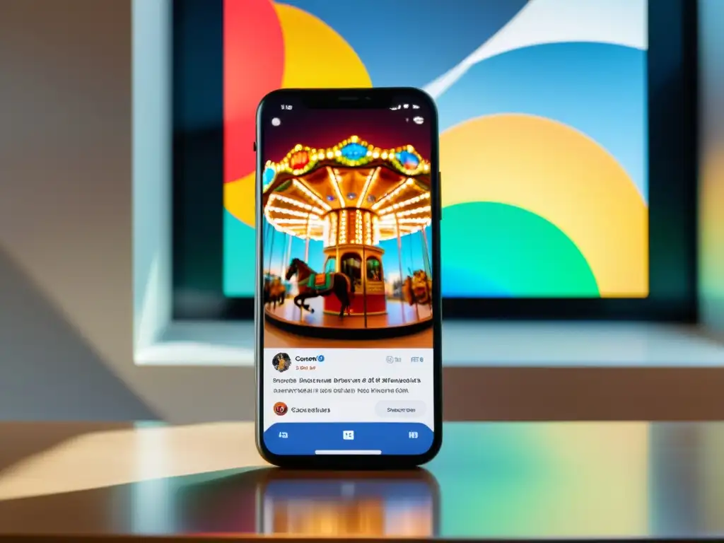 Un smartphone muestra anuncios de carrousel en Instagram y Facebook con contenido vibrante