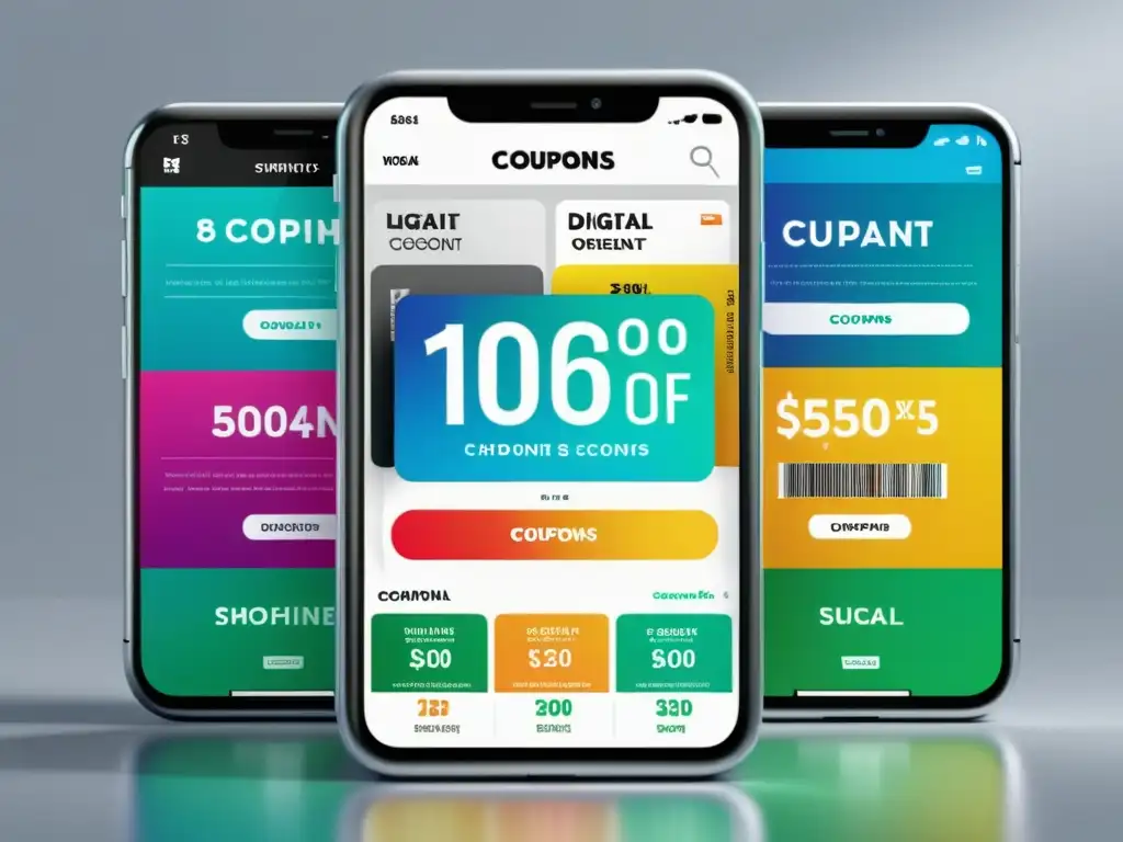 Smartphone muestra cupones descuento vibrantes y detallados para mejorar efectividad cupones descuentos online