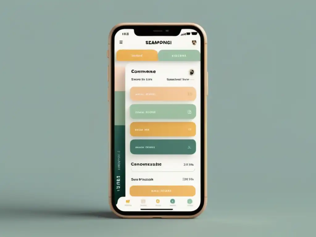 Un smartphone muestra una elegante app de comercio electrónico descentralizado con diseño minimalista y colores suaves