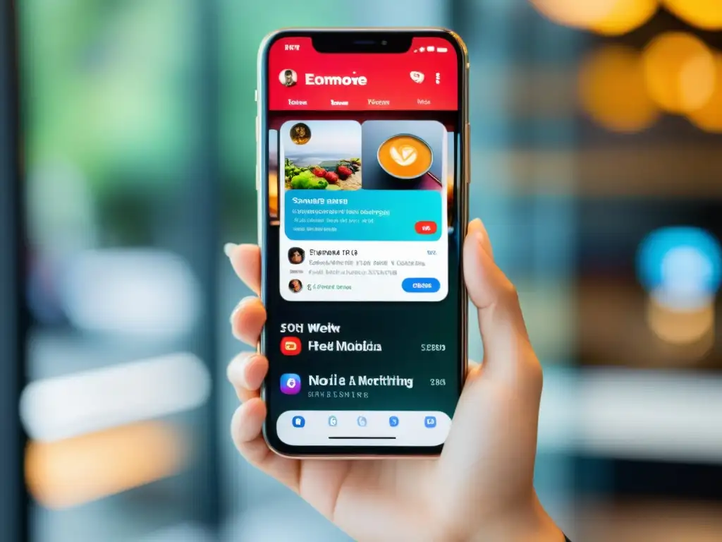 Un smartphone muestra una estrategia unificada en redes sociales para comercio, con imágenes de productos y testimonios de clientes