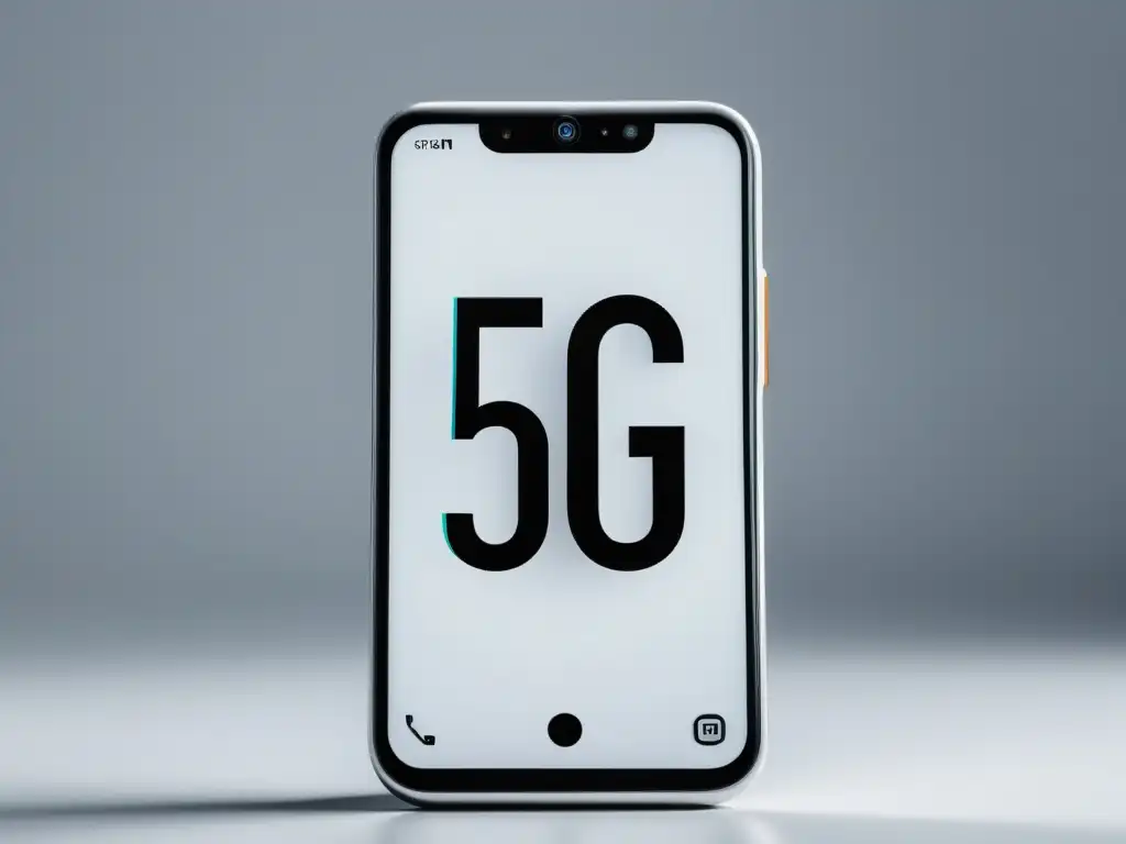 Un smartphone futurista con un elegante icono 5G en pantalla, sobre fondo blanco