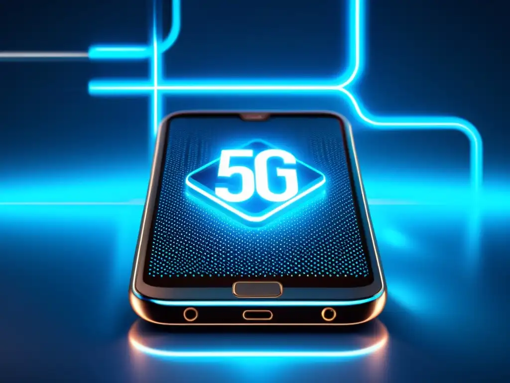 Un smartphone futurista con el símbolo 5G iluminado, rodeado de conexiones digitales y formas geométricas