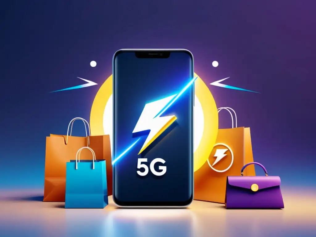 Un smartphone futurista con el símbolo 5G, rodeado de bolsas de compras digitales y símbolos de ecommerce, en un fondo moderno