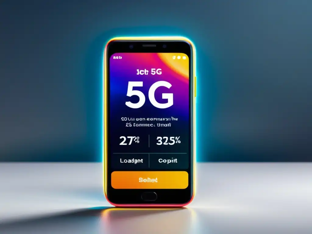 Un smartphone 5G futurista muestra una web de comercio electrónico de alta resolución con carga rápida, navegación fluida y eficiencia