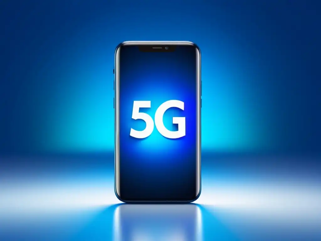 Un smartphone con ícono 5G en pantalla, rodeado de luz sutil