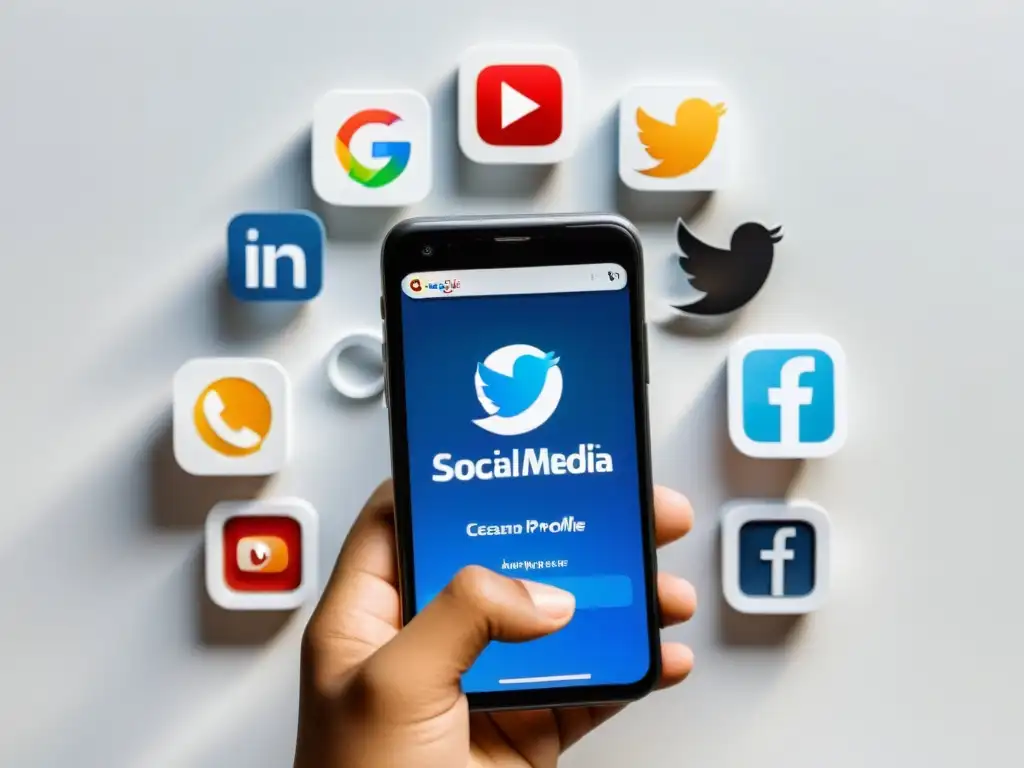 Smartphone con íconos de redes sociales y resultados de búsqueda, destacando la importancia de la optimización de perfiles en redes sociales para SEO