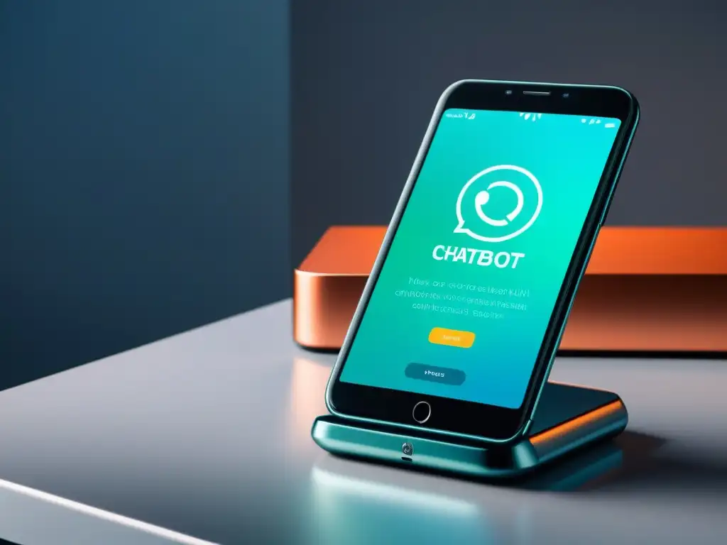 Smartphone con interfaz futurista de chatbot, reflejando innovación en la atención al cliente con chatbots en un entorno profesional y vanguardista