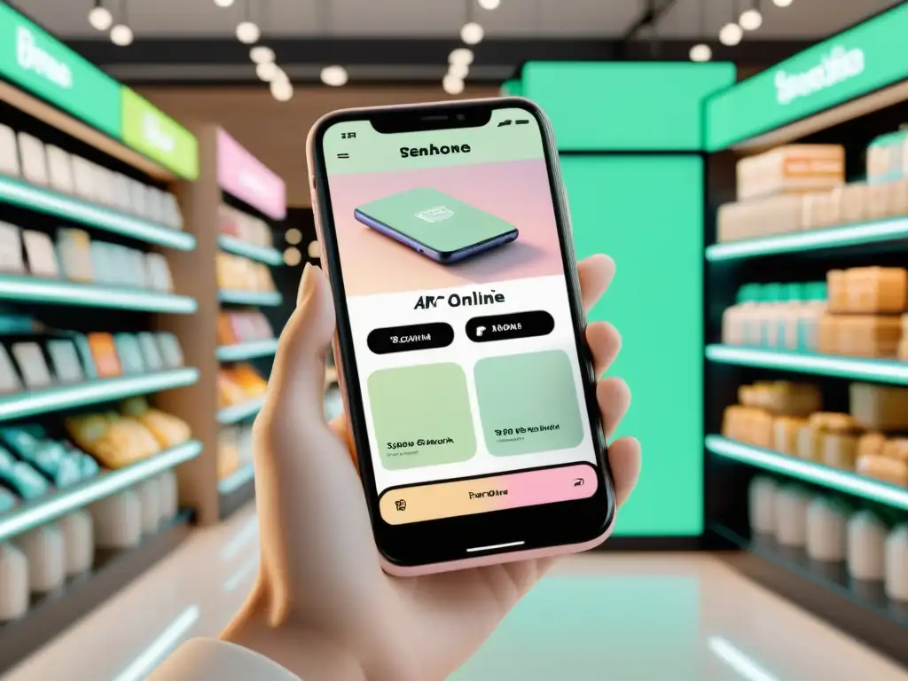 Un smartphone muestra una interfaz de realidad aumentada en retail online, integrada en una tienda real con estética futurista