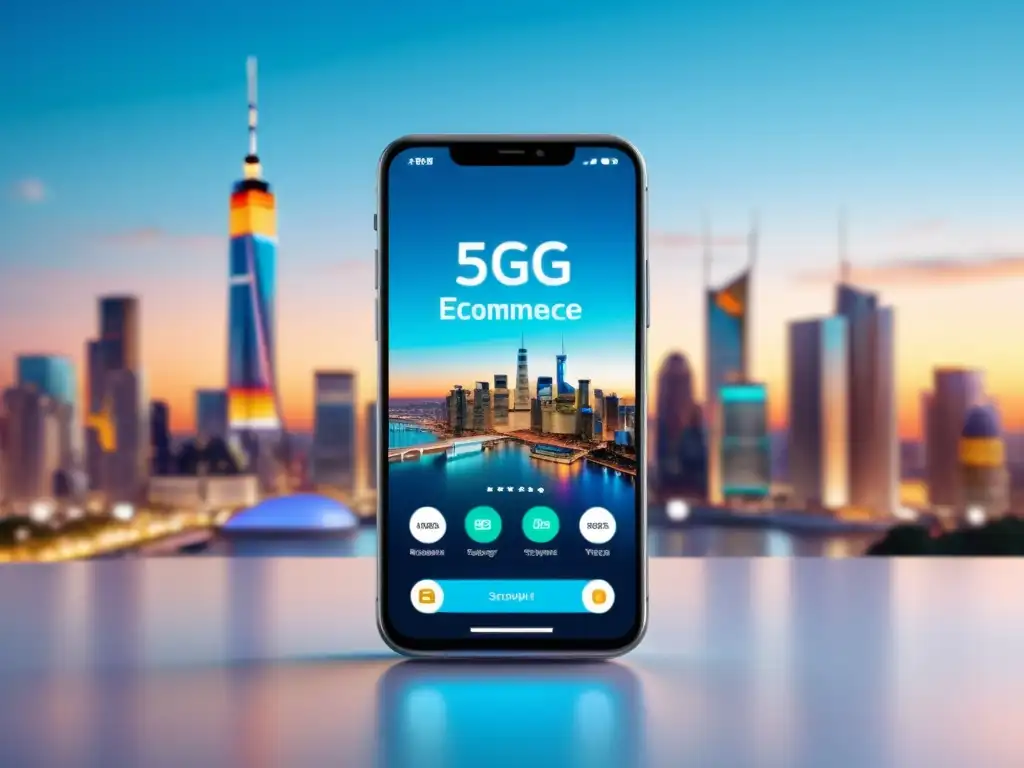 Un smartphone muestra la interfaz vibrante de una app de comercio electrónico, con imágenes de alta definición y navegación fluida, en un entorno futurista iluminado por la conectividad 5G