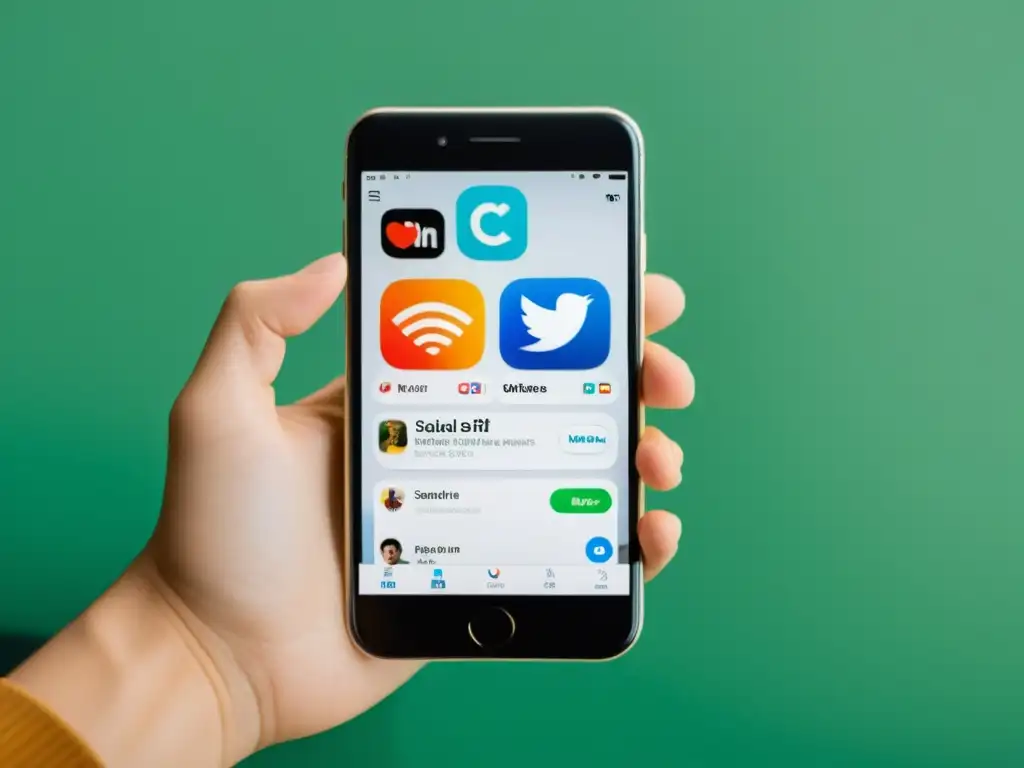 Un smartphone minimalista muestra una integración perfecta entre plataformas de ecommerce y redes sociales, resaltando el impacto en la interacción digital