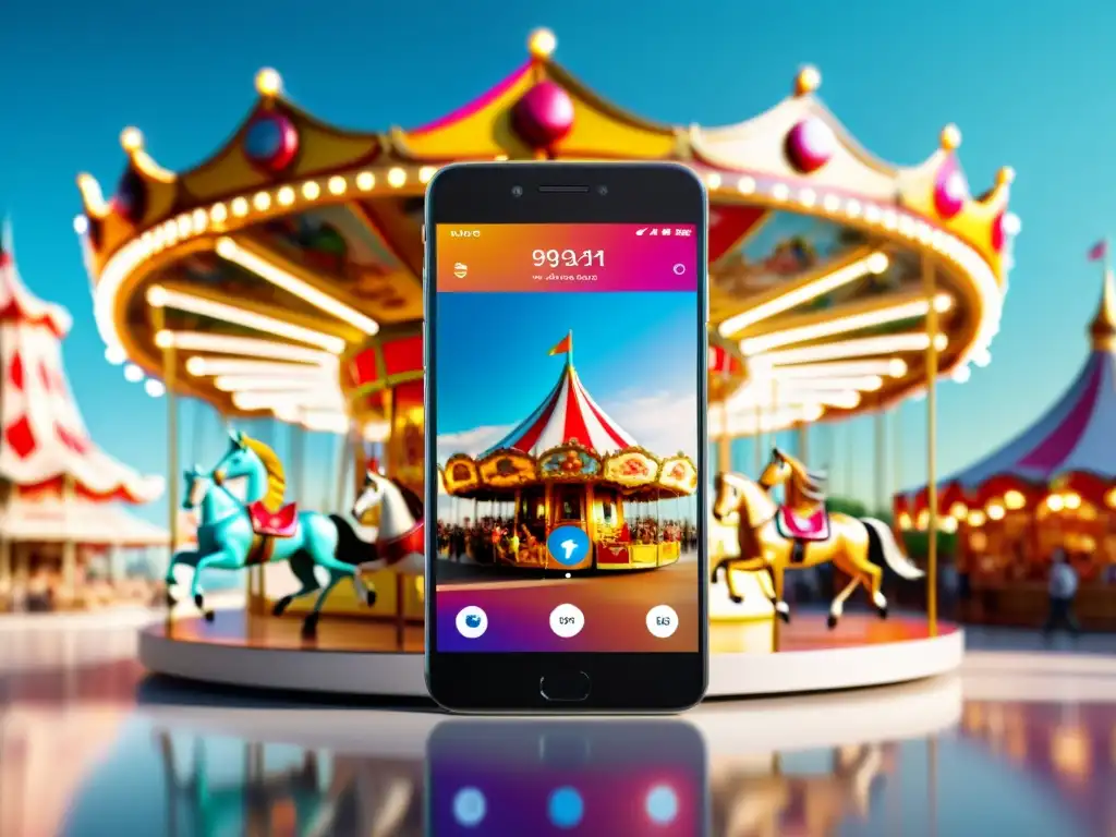 Un smartphone moderno muestra un anuncio vibrante en un entorno sofisticado, ideal para la optimización de anuncios carrousel en Instagram