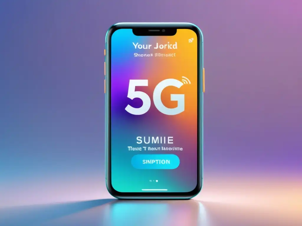 Un smartphone moderno muestra una app de compras futurista con realidad aumentada, conectividad 5G y diseño minimalista