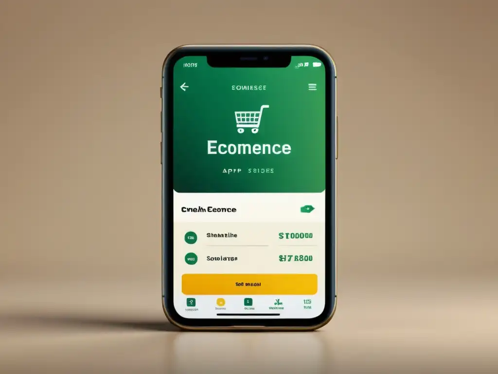 Un smartphone moderno muestra una app de ecommerce intuitiva y sofisticada