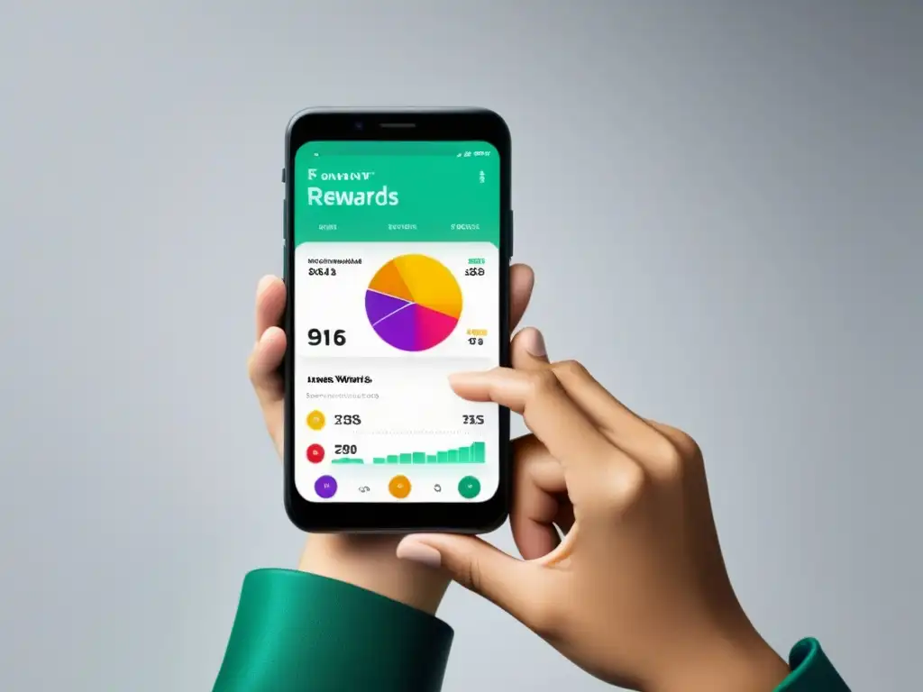 Un smartphone moderno muestra una app de fidelización de clientes con diseño vibrante y elegante