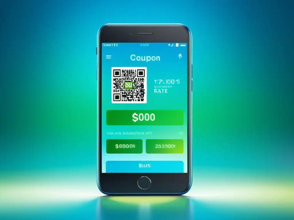 Smartphone moderno muestra cupón digital con código de barras, rodeado de visualizaciones de datos dinámicas