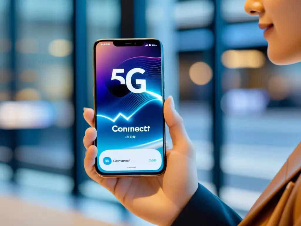 Un smartphone moderno muestra el impacto del 5G en comercio electrónico con conexión rápida y eficiencia en la carga de imágenes de productos