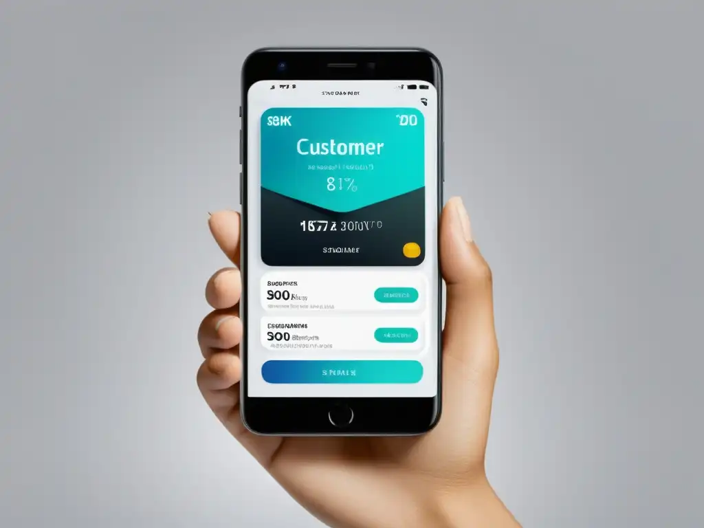 Un smartphone moderno muestra una interfaz de fidelización de clientes en un ambiente minimalista y elegante