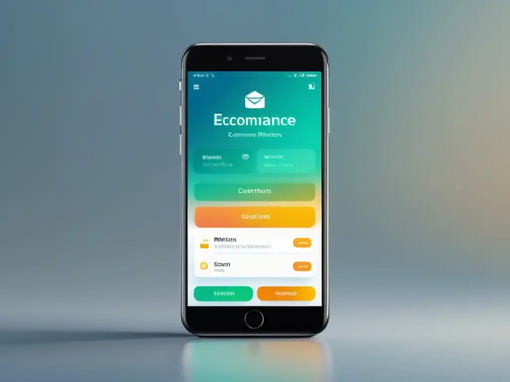 Un smartphone moderno muestra una interfaz de aplicación de comercio electrónico descentralizado, con diseño minimalista y profesional