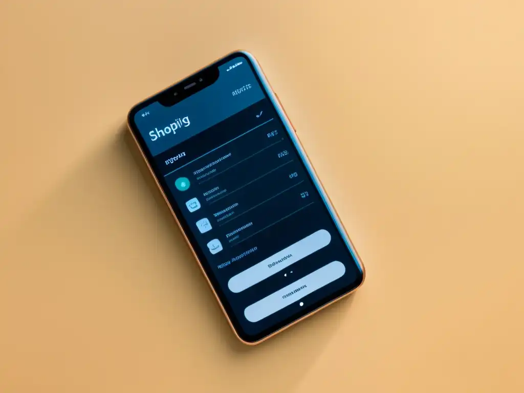 Un smartphone moderno y minimalista muestra una elegante interfaz de compras, reflejando los Derechos del consumidor en comercio electrónico