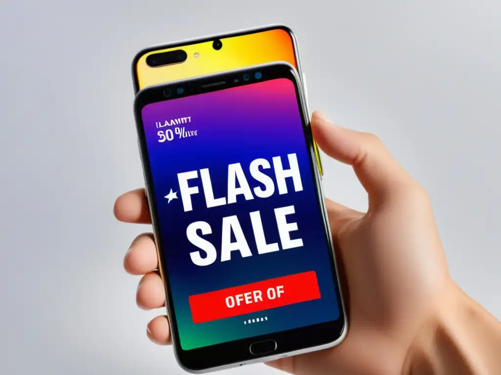 Un smartphone moderno con notificación de venta flash, destacando estrategias de ventas para el cliente en un ambiente emocionante y urgente