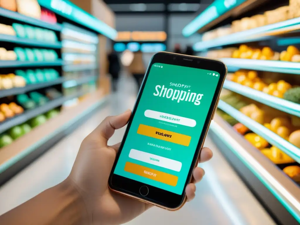 Smartphone moderno muestra interfaz de realidad aumentada para compras con medición ROI en ecommerce, ambiente sofisticado y atractivo visual