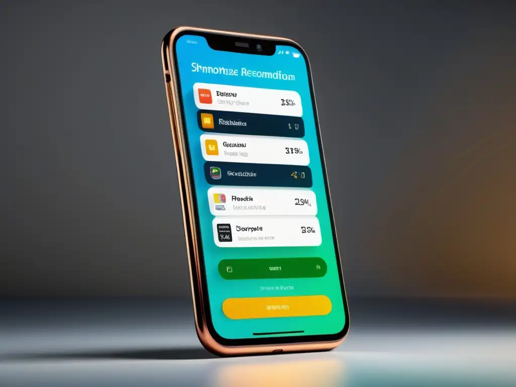 Un smartphone moderno muestra recomendaciones de productos en una interfaz personalizada, con colores vibrantes y diseño intuitivo, impulsando conversiones en comercio electrónico con tecnología 5G