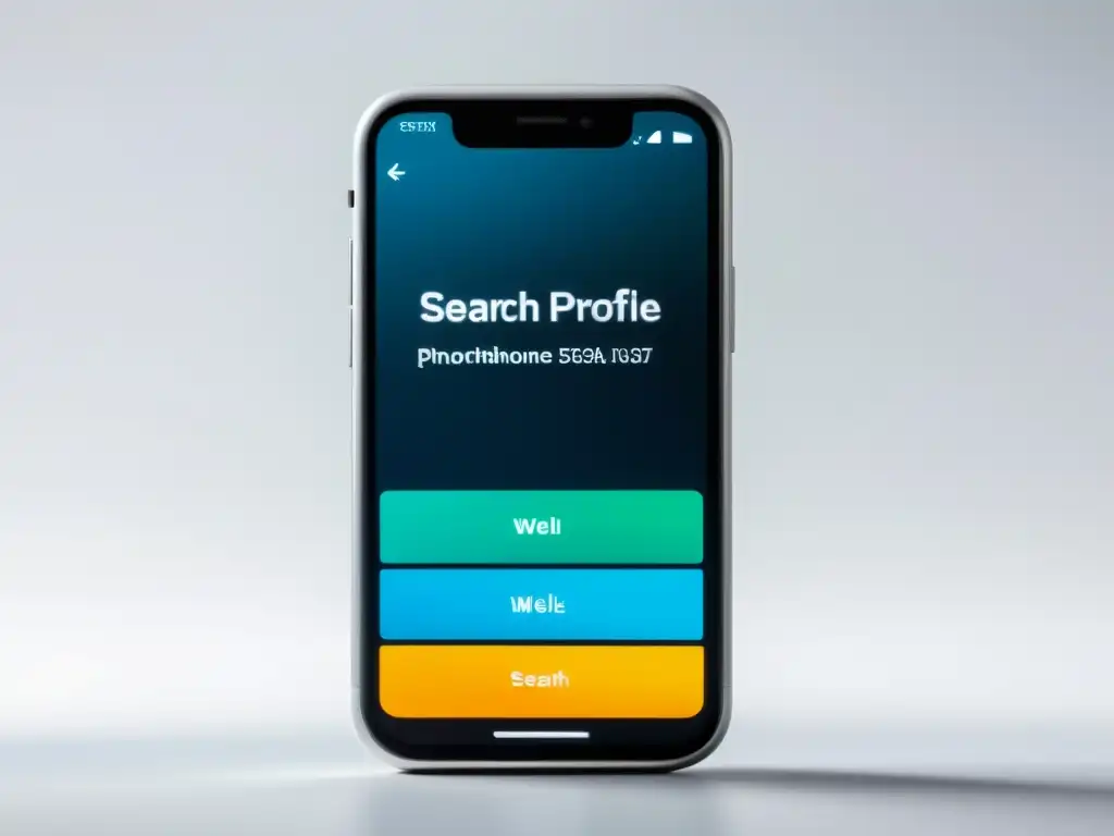 Smartphone moderno muestra resultados de búsqueda con perfil de redes sociales optimizado y profesional