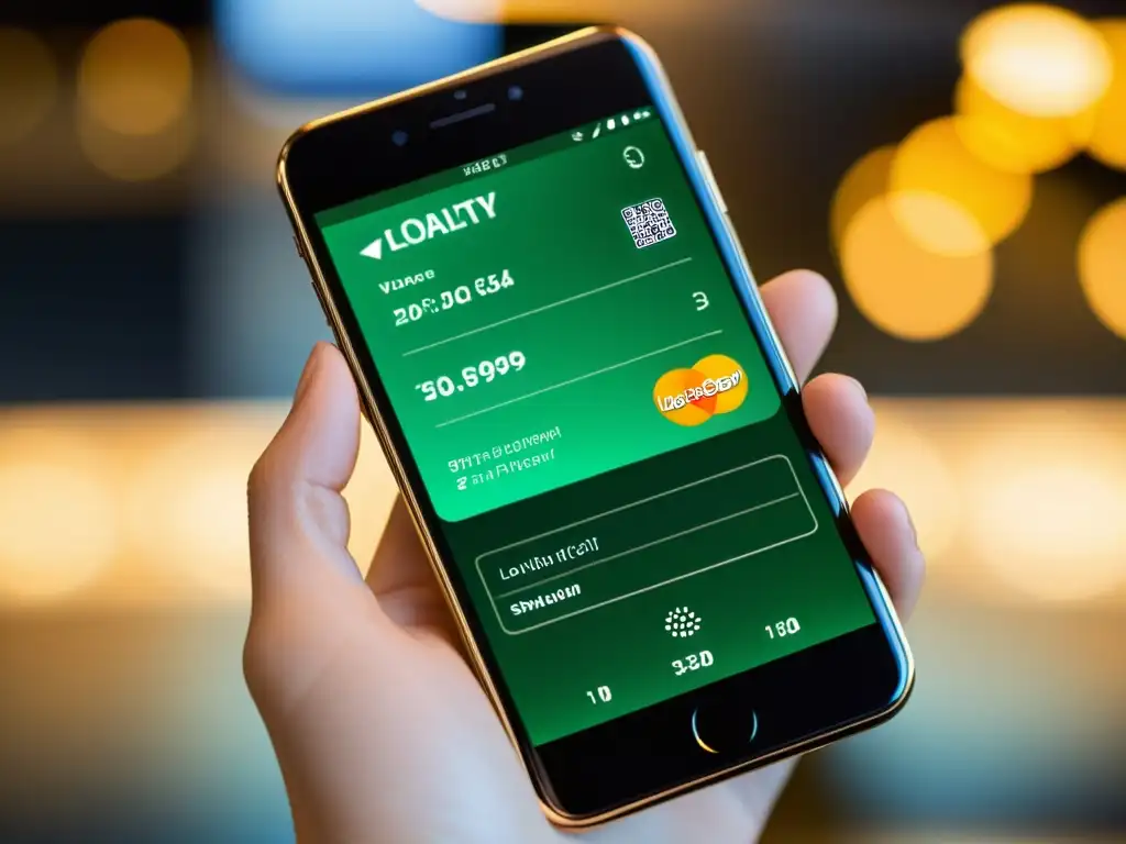 Un smartphone moderno muestra una tarjeta de fidelización digital con diseño minimalista, puntos y recompensas