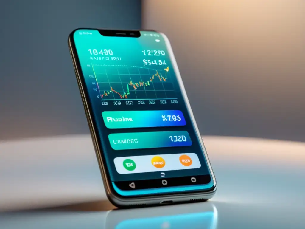 Un smartphone moderno muestra transacciones financieras en una pantalla holográfica, en un escenario limpio y futurista