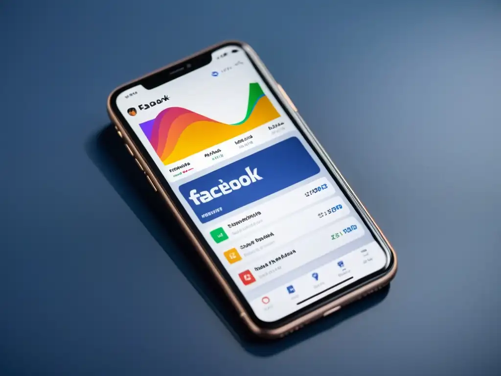 Smartphone muestra panel de control de Facebook Ads con gráficos coloridos