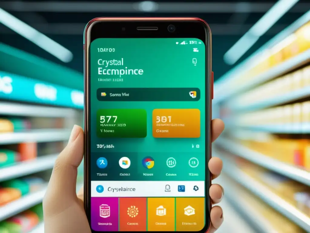Smartphone con pantalla cristalina mostrando productos de ecommerce en vibrantes colores, reflejo de las tendencias de consumo en ecommerce