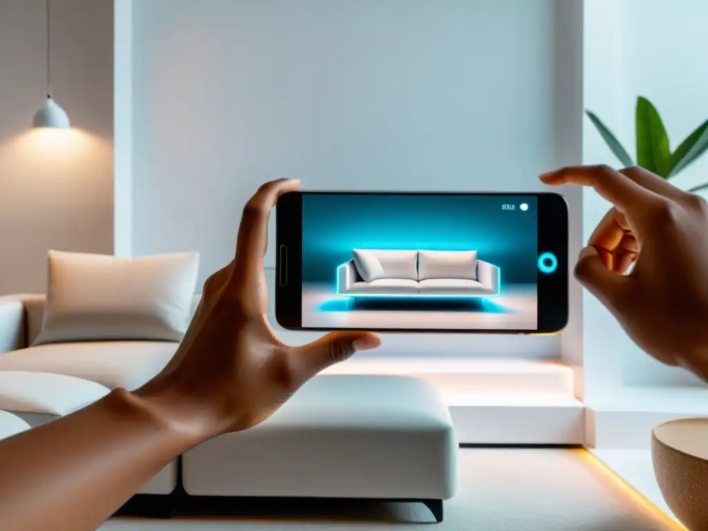 Smartphone con pantalla holográfica de realidad aumentada en ecommerce personalización, proyectando muebles virtuales en un entorno realista y moderno