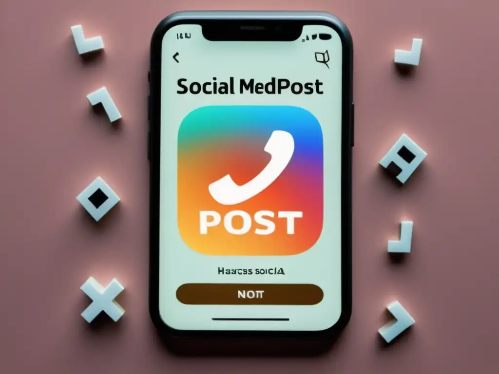 Un smartphone muestra un post con hashtag incorrecto rodeado de símbolos