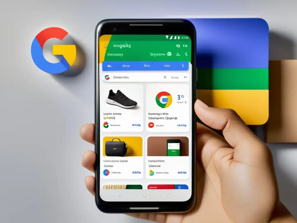 Smartphone muestra Google Shopping con productos vibrantes, en fondo minimalista