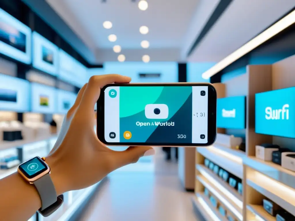 Un smartphone con Realidad Aumentada en retail online, en un ambiente sofisticado y profesional en una tienda futurista bien iluminada