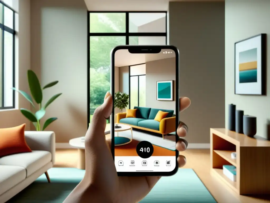 Un smartphone muestra un realismo impresionante en una implementación de Realidad Aumentada para visualizar muebles virtuales en un entorno real