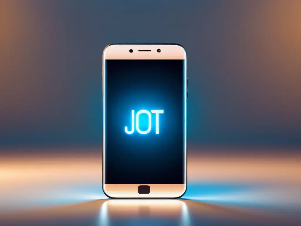 Un smartphone con símbolo de IoT brillante en pantalla, rodeado de líneas futuristas, sobre fondo gradiente