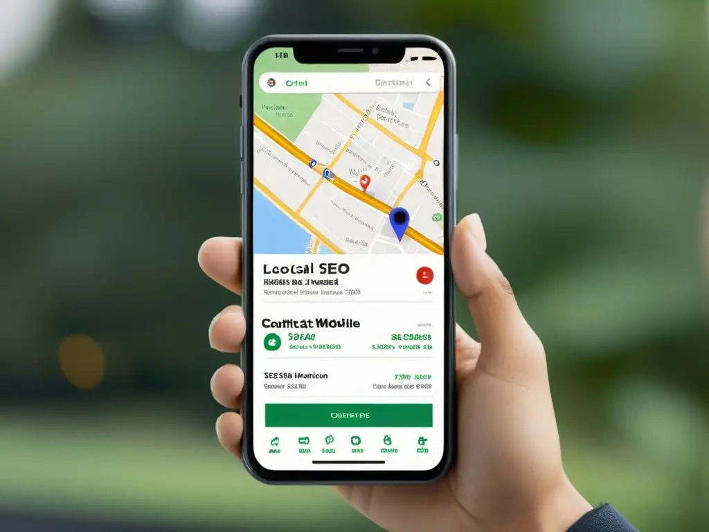 Smartphone muestra sitio web local de negocio con diseño SEO optimizado, accesible y amigable para móviles