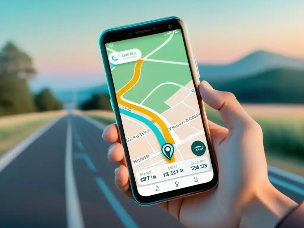 Un smartphone transparente muestra una ruta en tiempo real sobre un mapa GPS