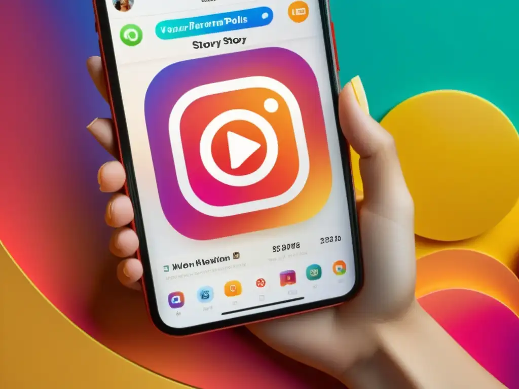 Smartphone muestra Instagram Story vibrante y atractiva para aumentar engagement en Instagram Stories