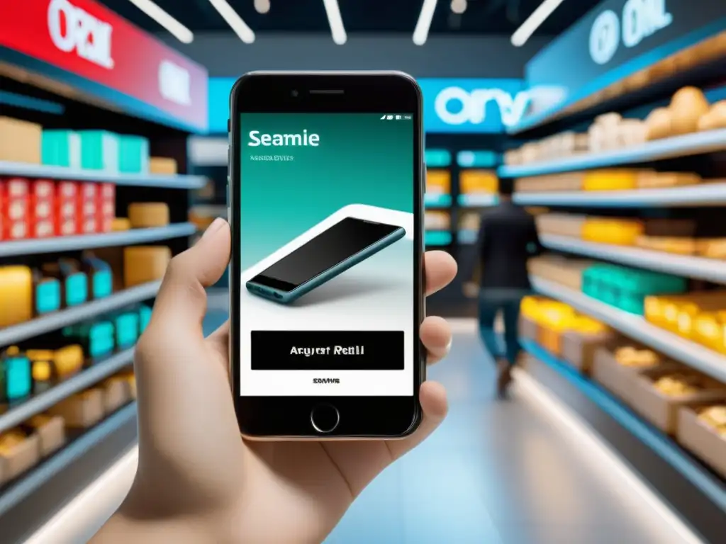 Un smartphone muestra una visualización en realidad aumentada de una tienda online, integrando productos en un entorno real