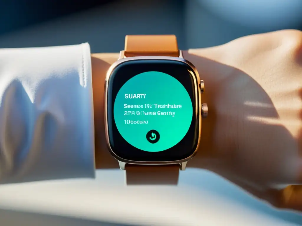 Un smartwatch moderno y elegante en un fondo blanco, reflejando seguridad y sofisticación