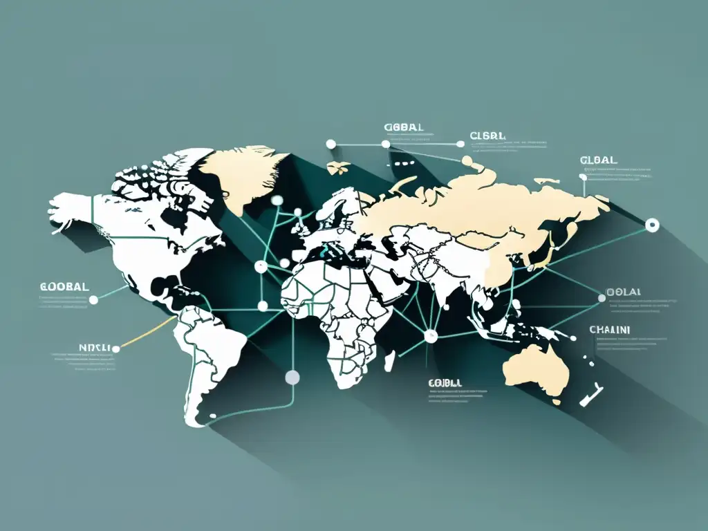 Una sofisticada red de logística en comercio electrónico transfronterizo, mostrando nodos interconectados y diseño moderno